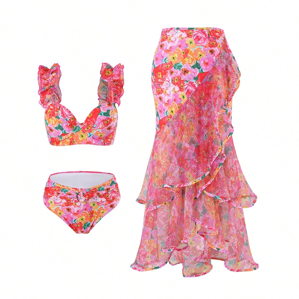 Conjunto de traje de baño Bikinx con estampado de empalme, bajo con volantes y copas con aros, incluyendo falda de cola de sirena.
