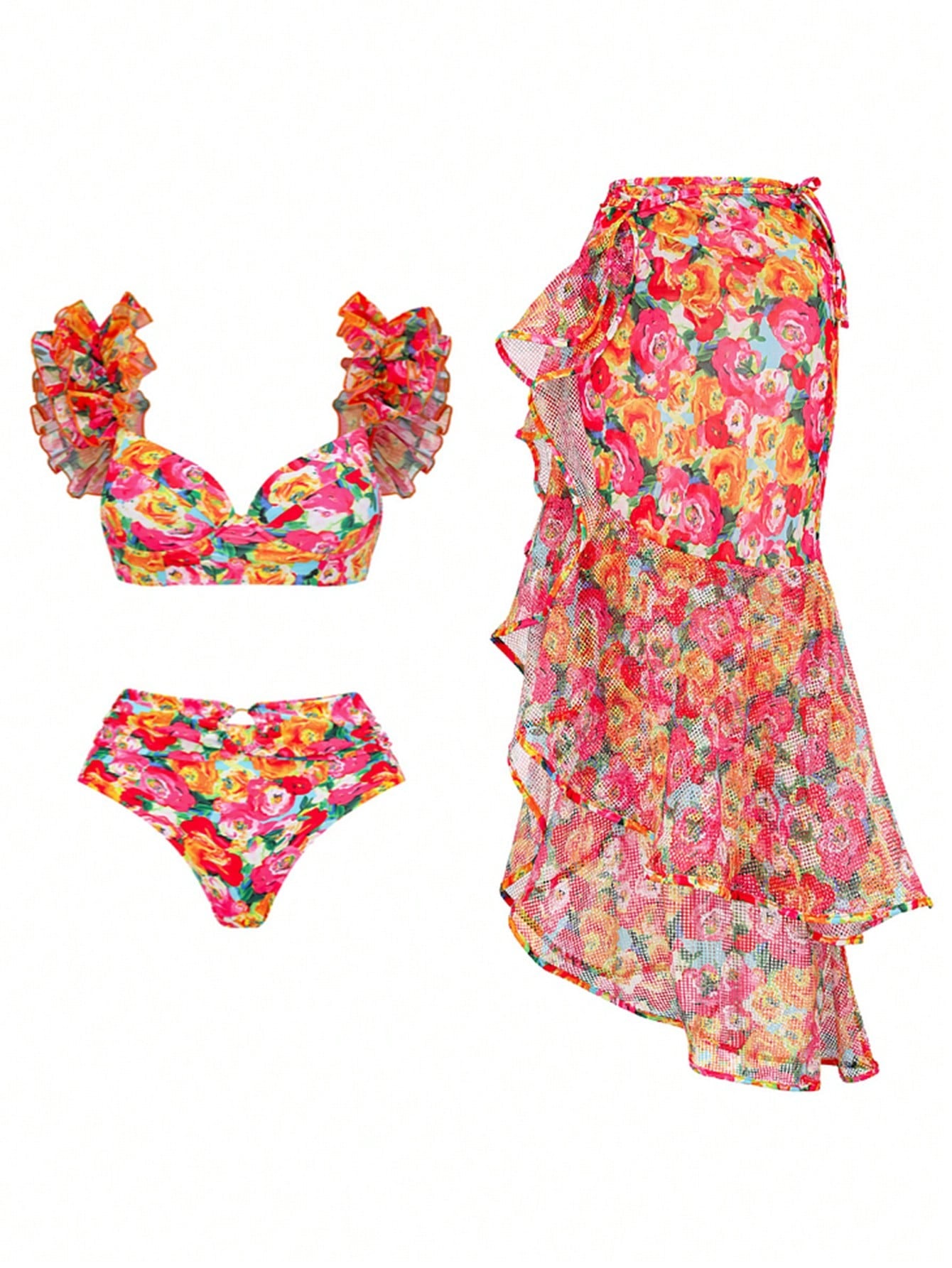 Conjunto de traje de baño Bikinx con estampado de empalme, bajo con volantes y copas con aros, incluyendo falda de cola de sirena.