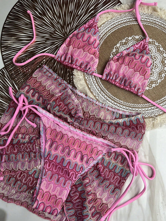 Bikinx Women Summer Beach Wave Pattern Halter Strap Sexy Bikini Set With Cover Up Skirt