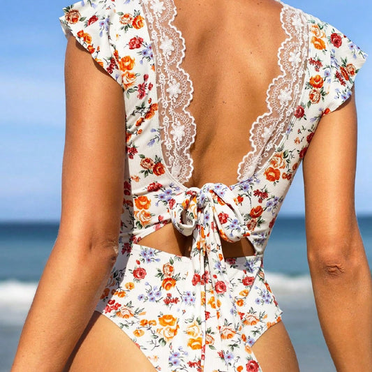 Bikinx Women Floral Printed Halter One Piece Swimsuit With Back Tie And Ruffle Trim