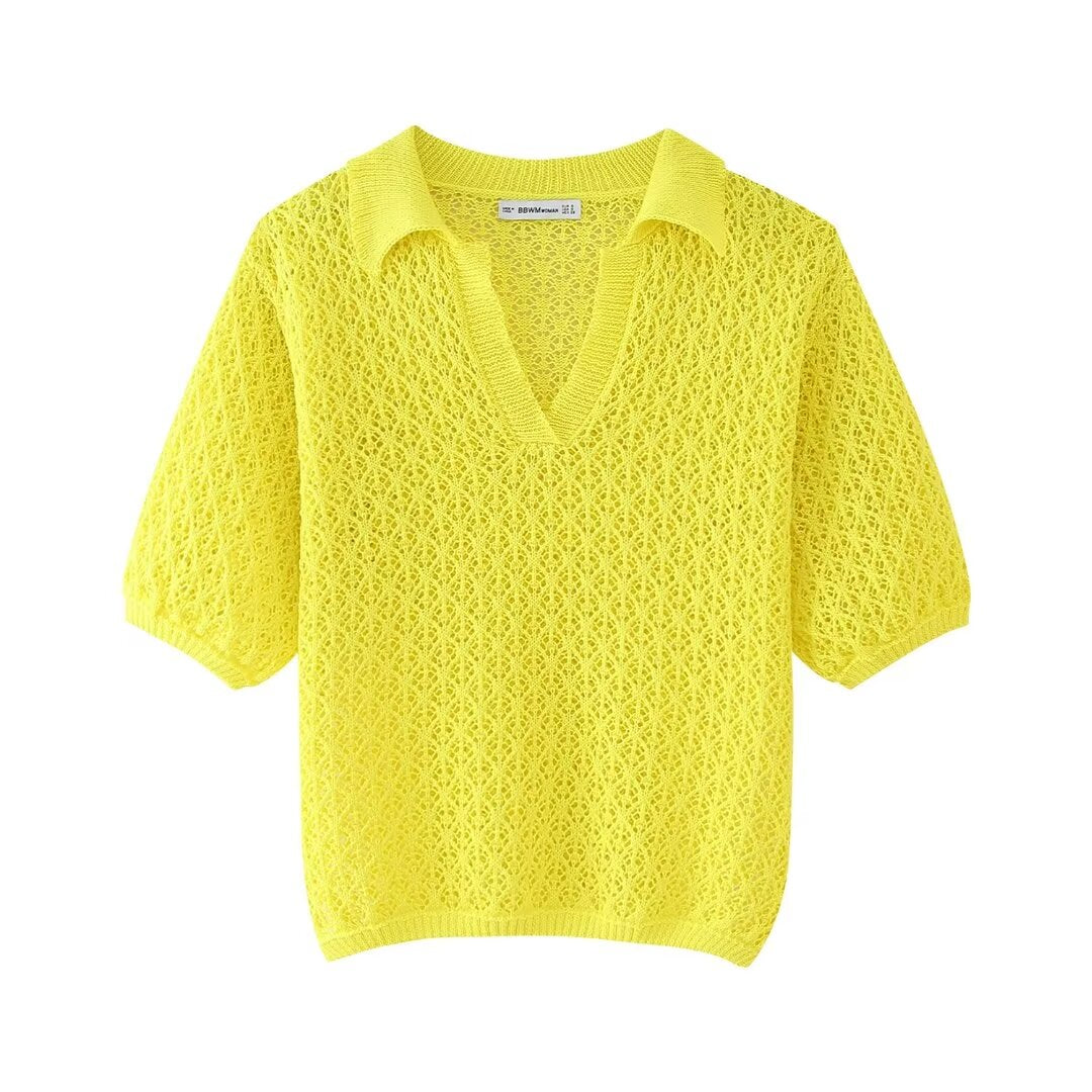 Women Clothing Summer Jacquard Mesh Loose Polo Collar Knitwear