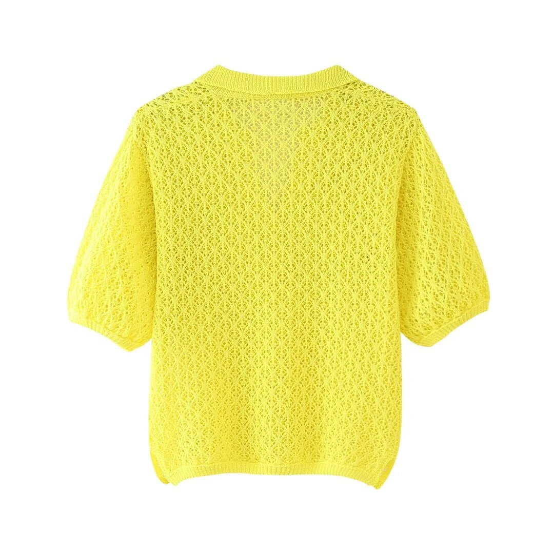 Women Clothing Summer Jacquard Mesh Loose Polo Collar Knitwear