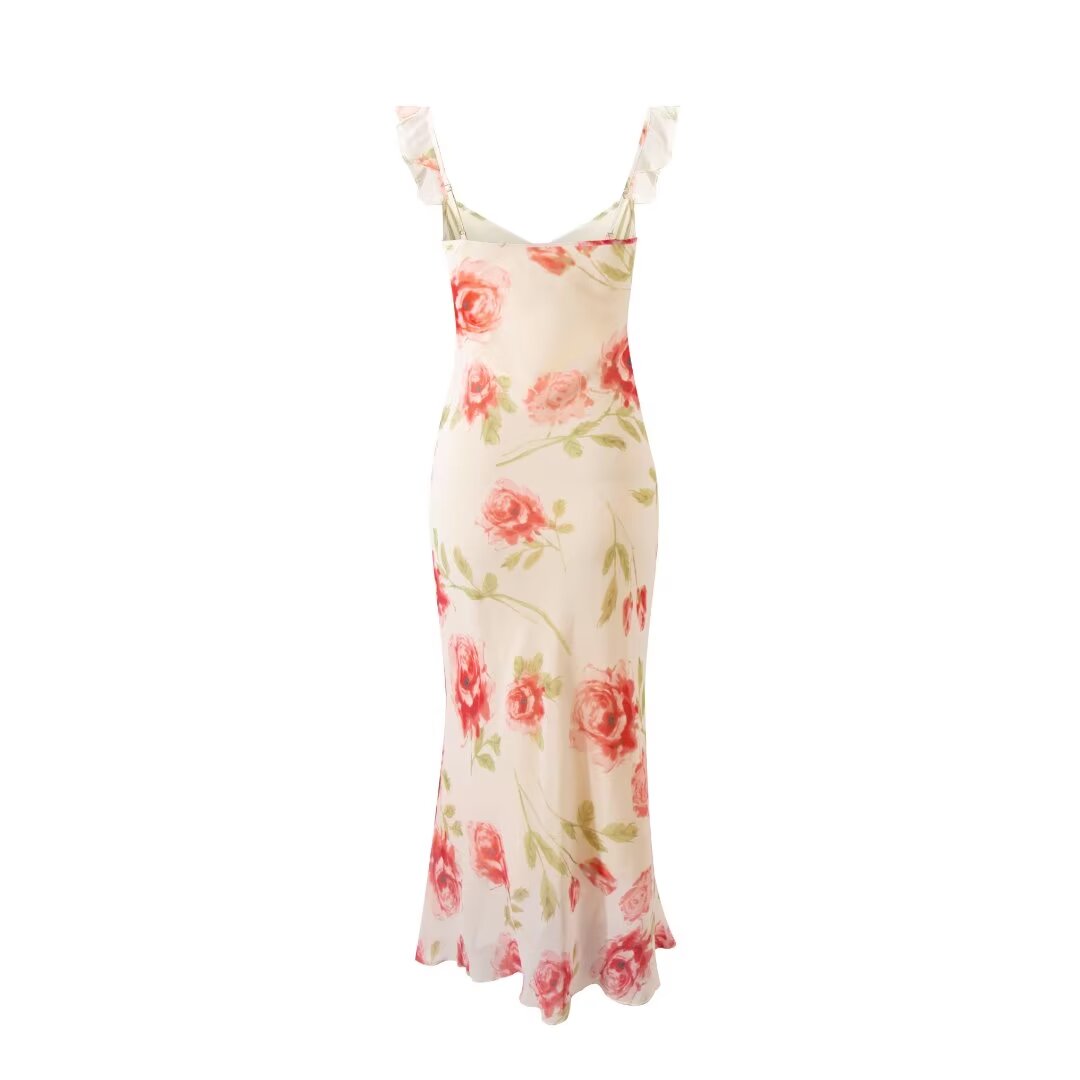 Spring Summer French Sexy Romantic Lotus Leaf Printed V neck Oblique Cut Fishtail Dress