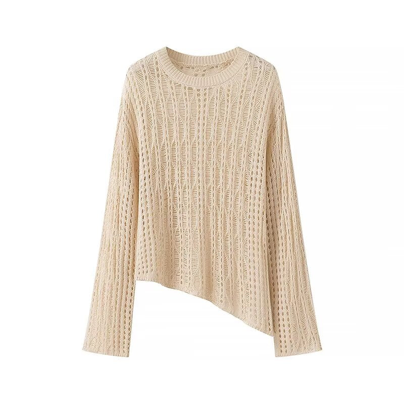 Blusa de punto de manga larga con cuello redondo holgado y aberturas laterales para mujer de verano