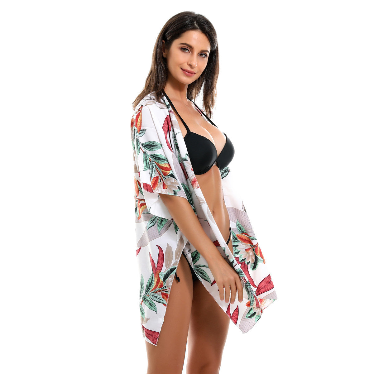 Spring Summer Vacation Travel Wild Chiffon Plant Floral Pattern Beach Sun Protection Blouse