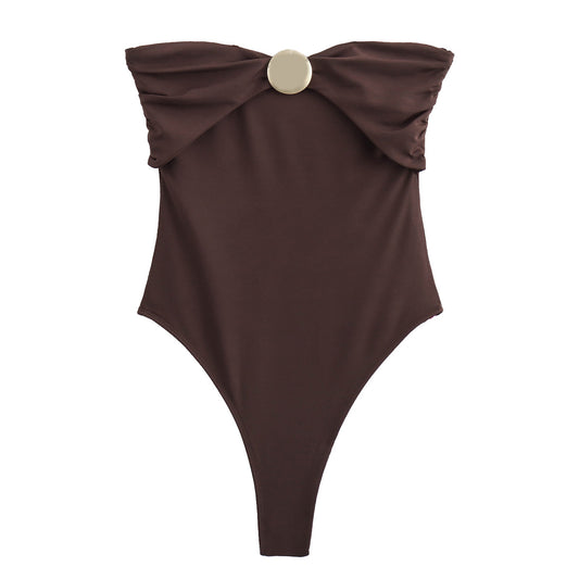 Traje de baño de una pieza con cuello desbocado y ribete metálico para mujer de otoño