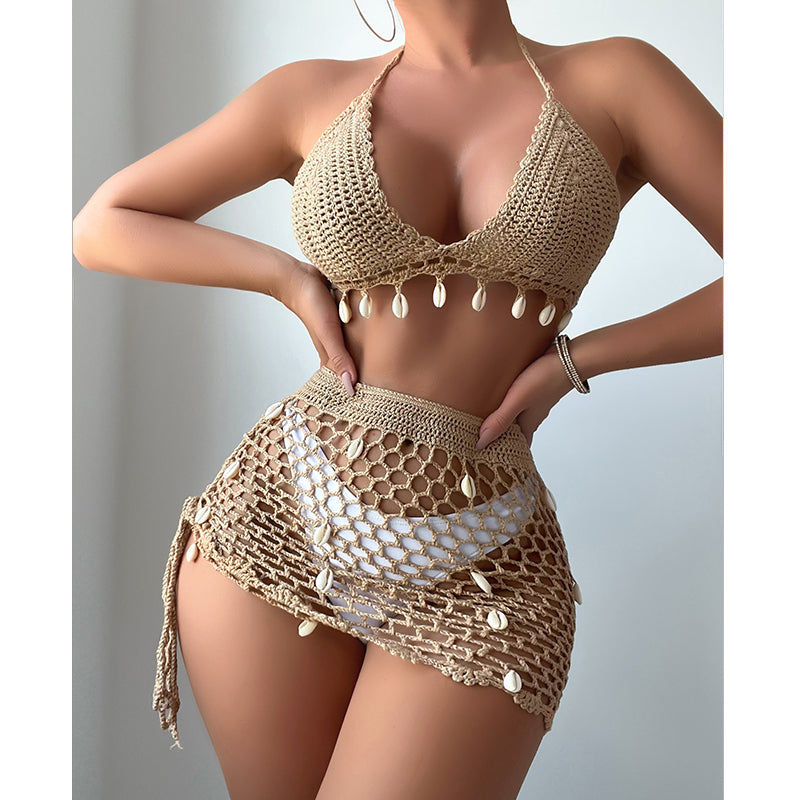 Beach Vacation Hand Crocheting Shell Hollow Out Cutout Sexy Halter Strap Beach Swimsuit Bikini Suit Crochet hook