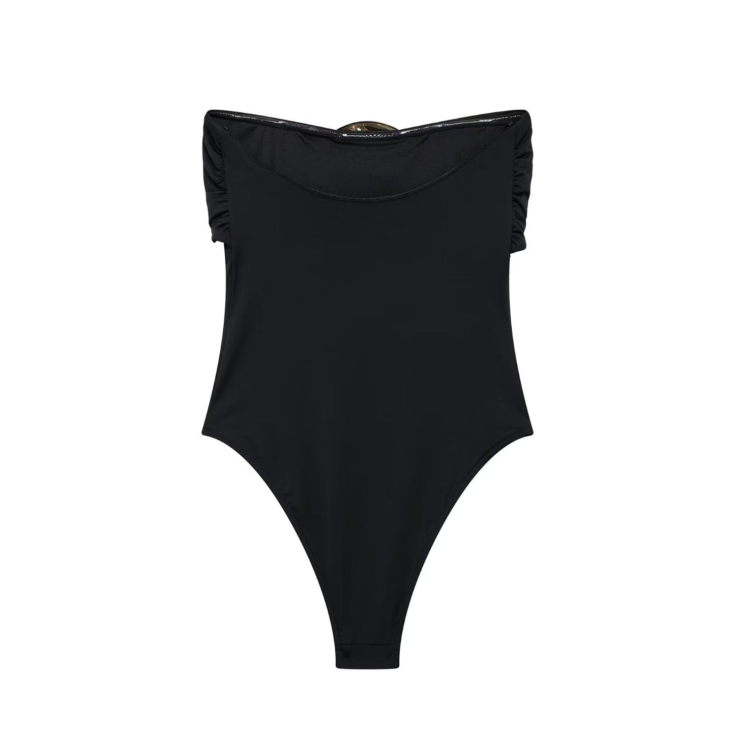 Traje de baño negro con escote desbocado y decoración metálica para mujer de verano