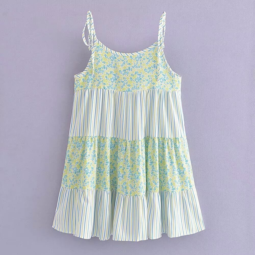 Women Floral Striped Stitching Suspender Vacation Lace up Dress