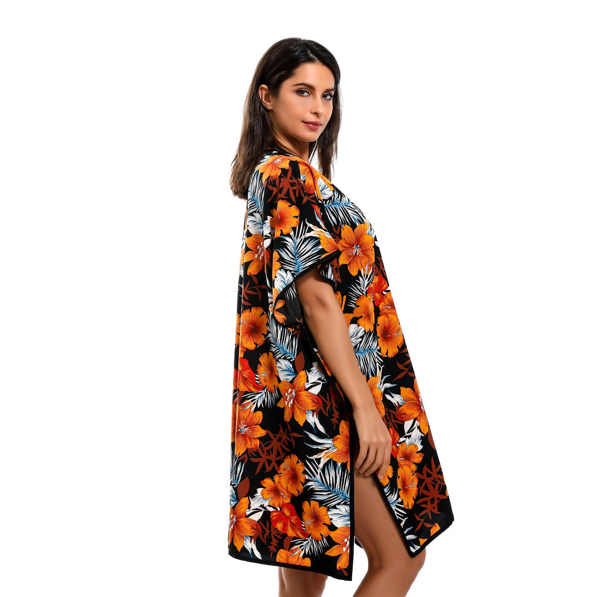 Floral Print Mid Length Chiffon Beach Sun Protection Blouse Coat