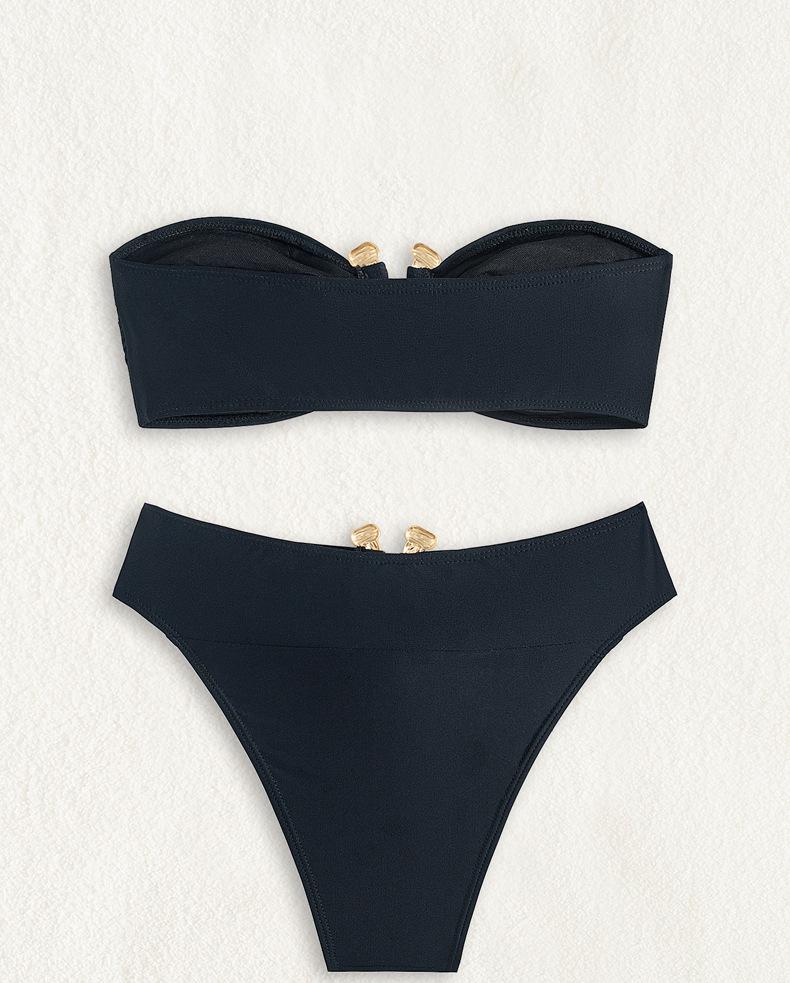 Conjunto de bikini de color liso con parte superior de tubo y abertura sexy para mujer