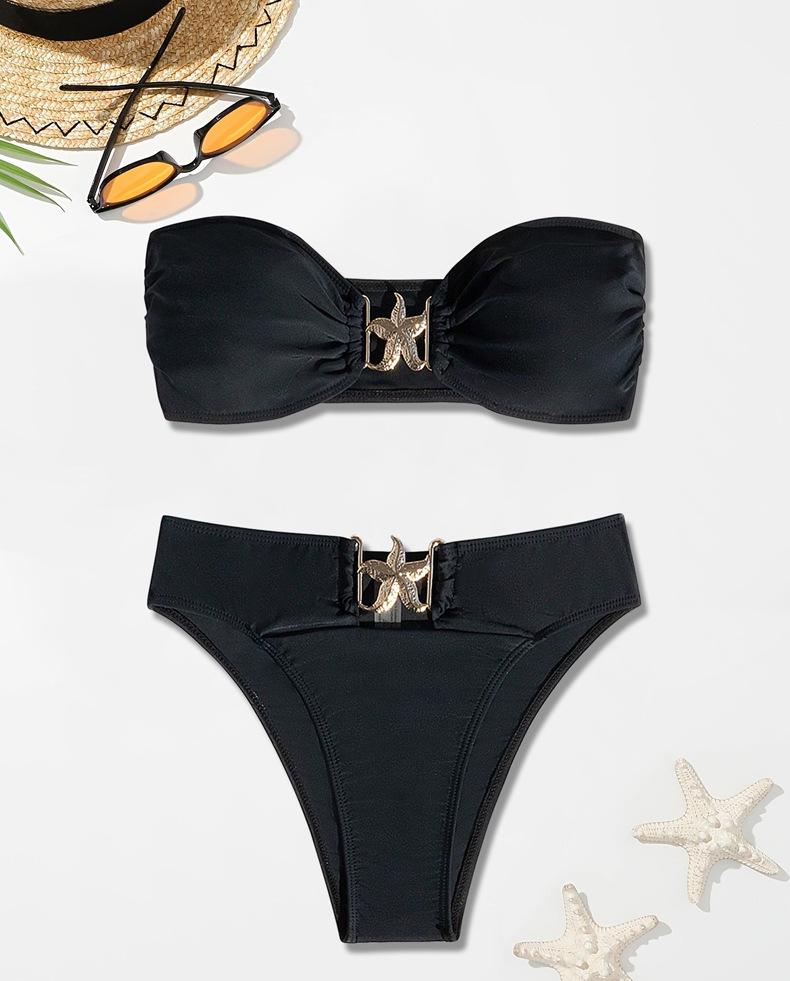 Traje de baño de bikini con parte superior de tubo dividida, bikini de color sólido, traje de baño sexy de cintura alta