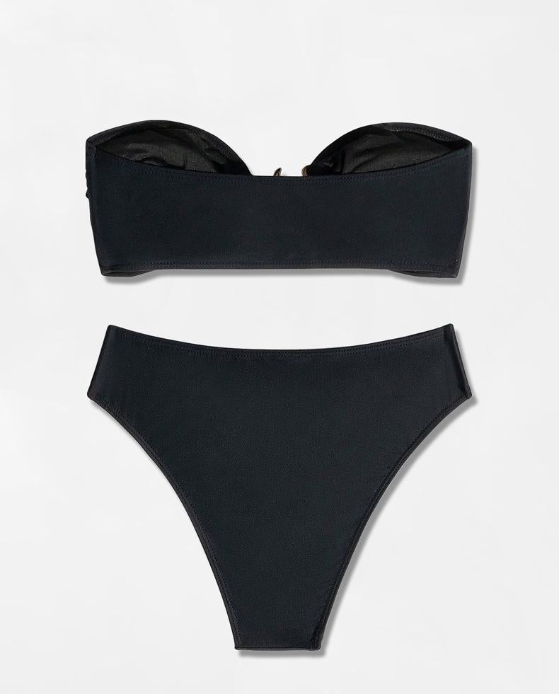 Traje de baño de bikini con parte superior de tubo dividida, bikini de color sólido, traje de baño sexy de cintura alta