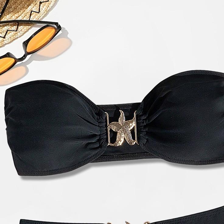 Traje de baño de bikini con parte superior de tubo dividida, bikini de color sólido, traje de baño sexy de cintura alta