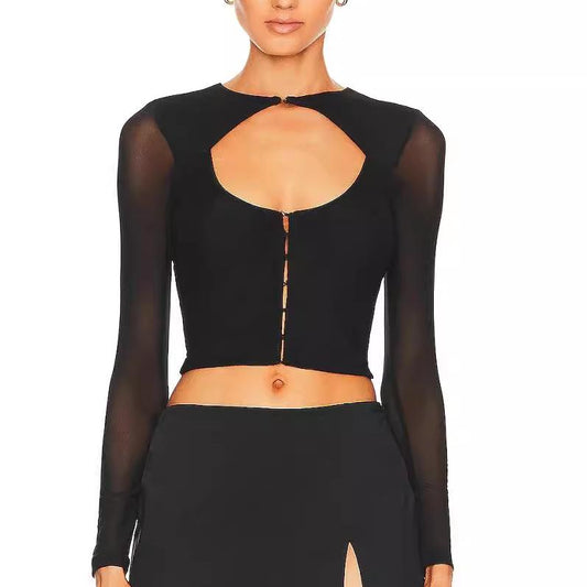 Blusa negra de manga larga con diseño de malla para mujer, cárdigan ajustado de otoño con hebilla