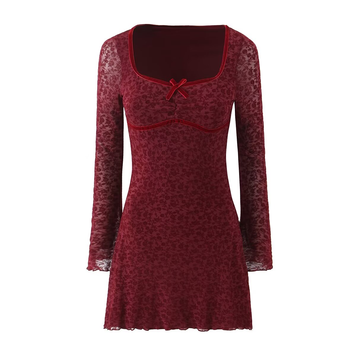 Retro Flocking Jacquard Long Sleeve Dress Women Autumn Winter French Sexy Skinny Sheath Mesh dress