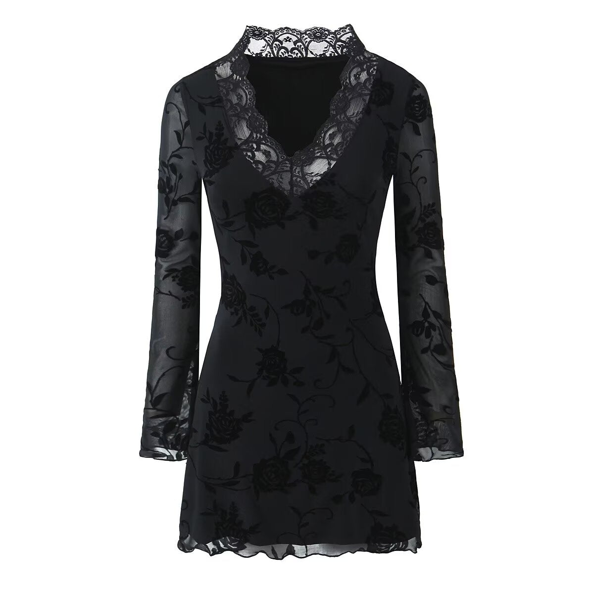 Fall Black Rose Lace Trim Dress Women Clothing