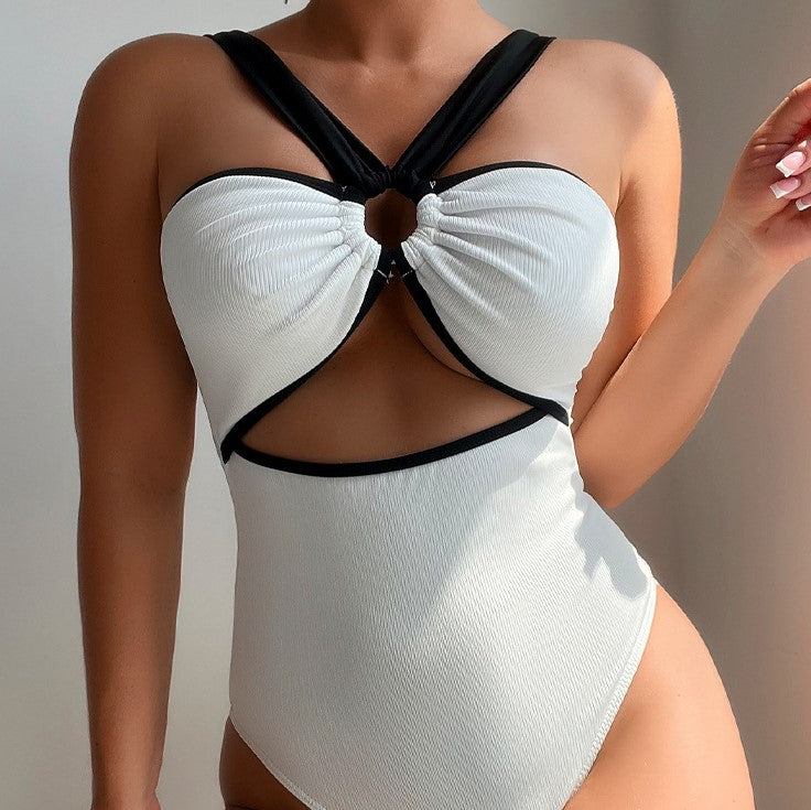 Traje de baño de bikini de una pieza para mujer, color sólido, tirantes, sexy, top de tubo, traje de baño de playa