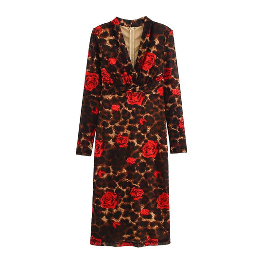 Vestido de invierno de manga larga con cuello en V, ajustado, de punto, con estampado de leopardo y rosas