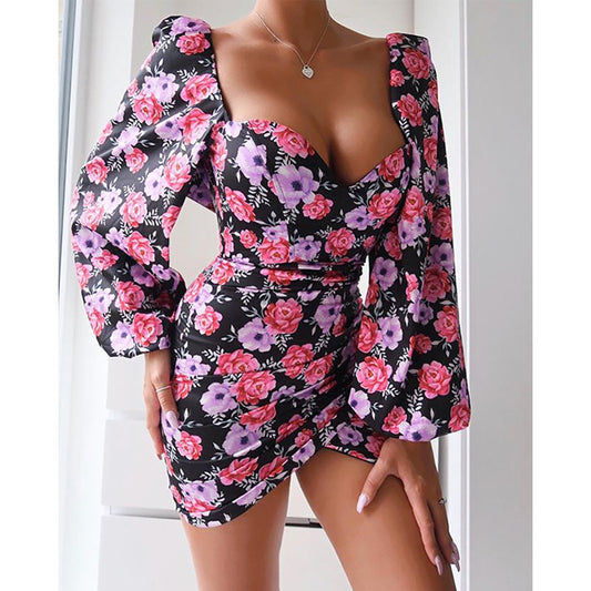Vestido sexy con cuello cuadrado estampado para mujer, llegada primavera verano