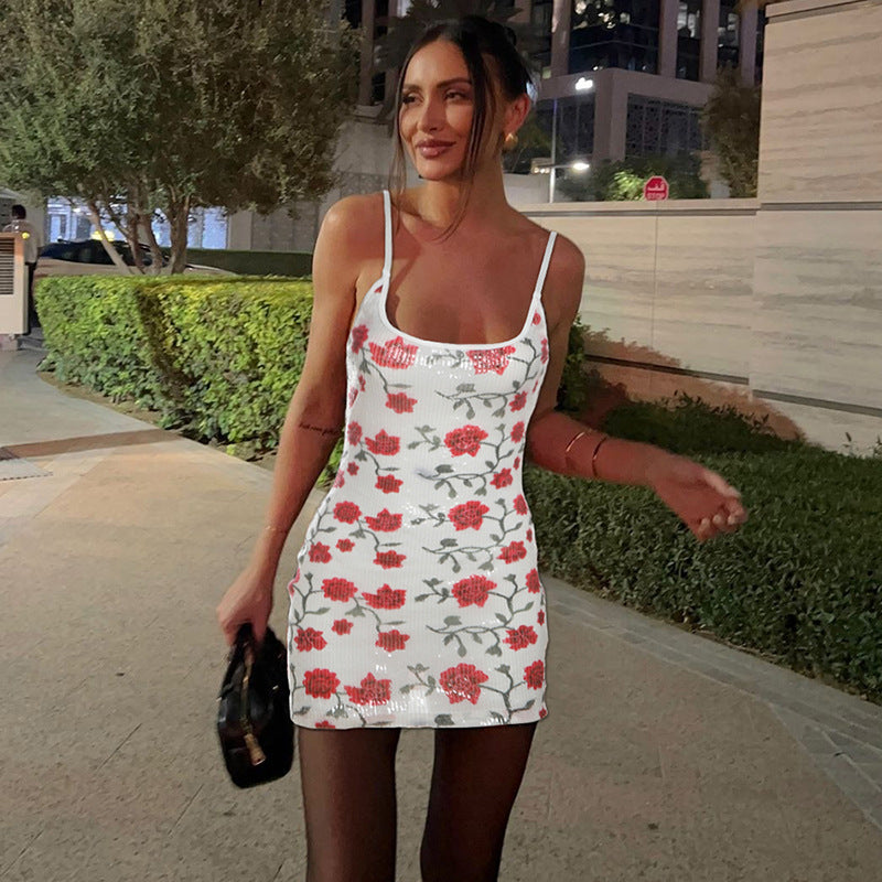 Robe nuisette sexy dos nu, coupe slim, imprimée à paillettes, hanches sexy, automne hiver