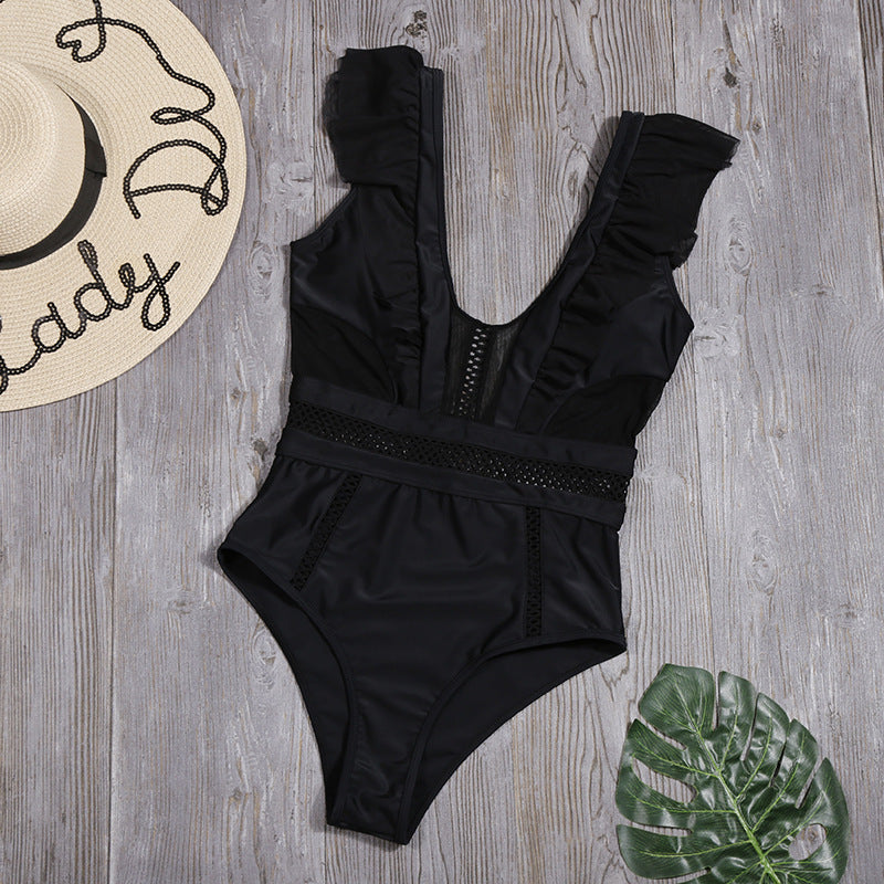 Maillot de bain une pièce sexy à découpes et décolleté en V profond pour femme, bikini à volants
