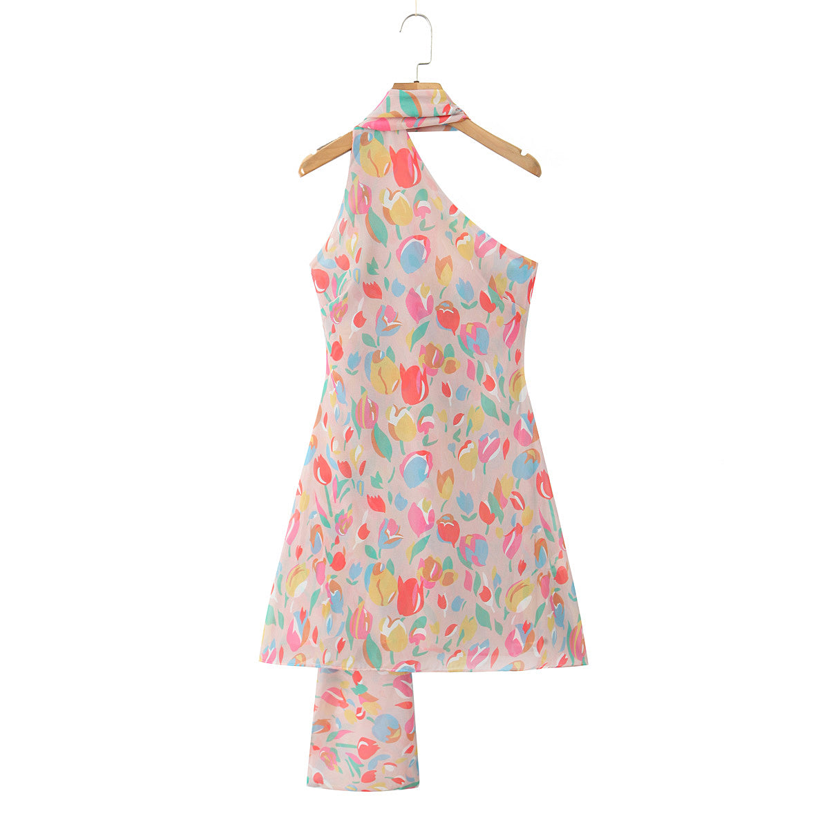 Winter Tulip Oil Color Printing Asymmetric Oblique Shoulder Vacation Casual Dress