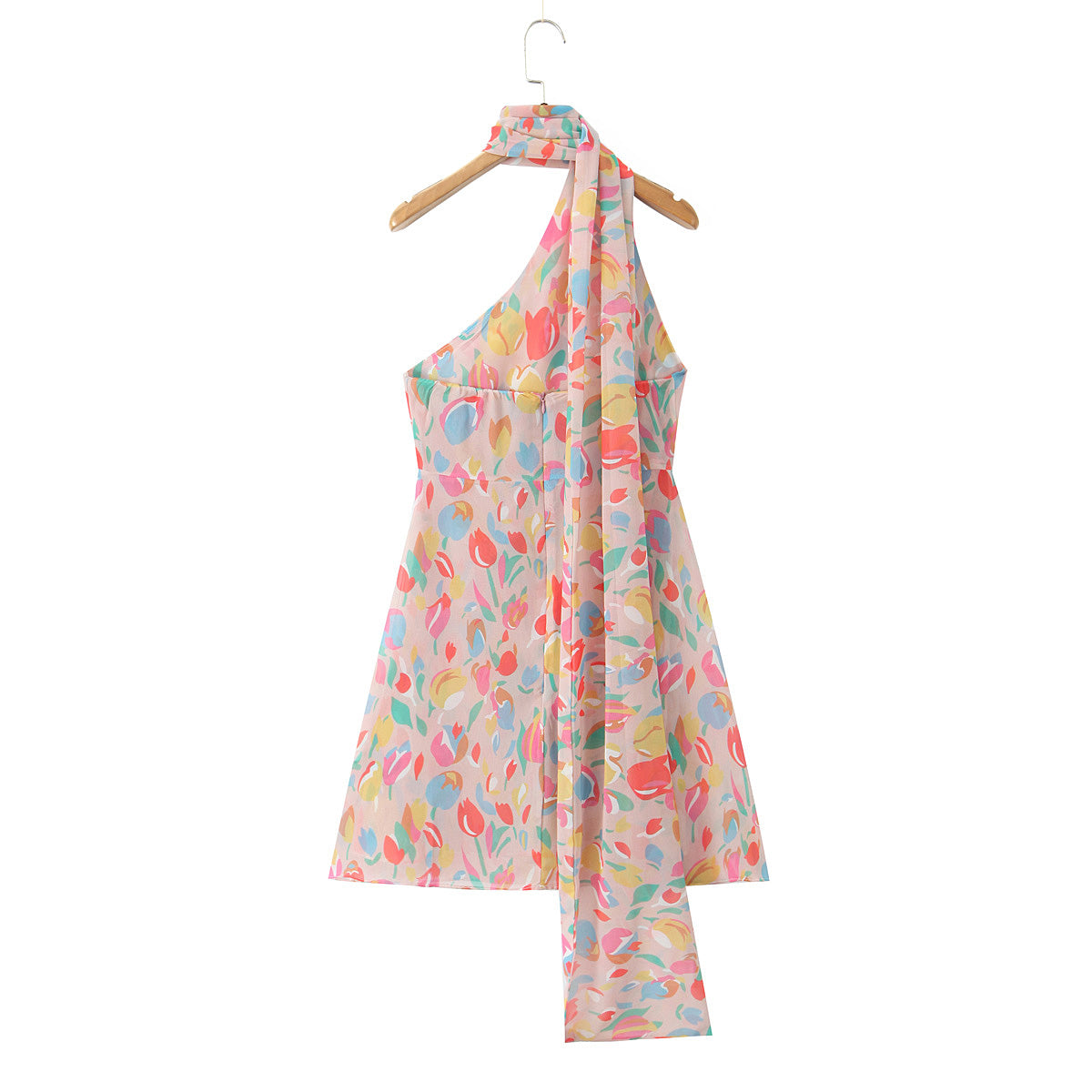 Winter Tulip Oil Color Printing Asymmetric Oblique Shoulder Vacation Casual Dress