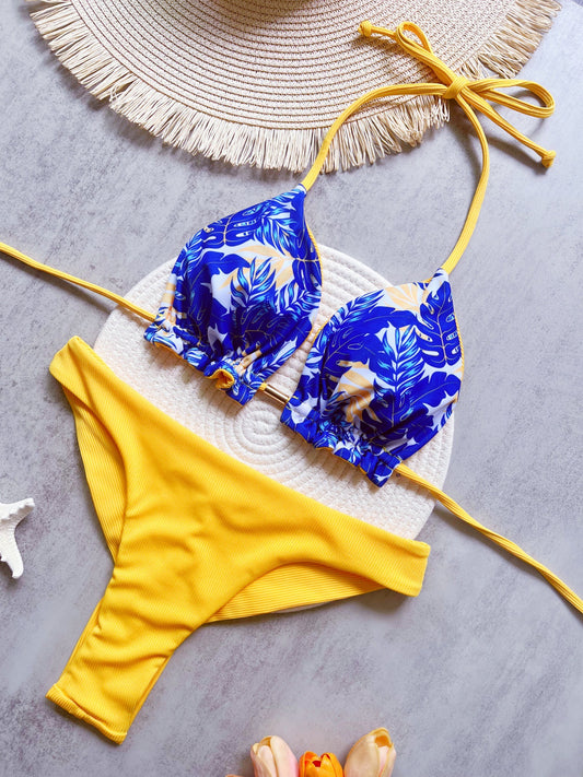 Maillot de bain sexy dos nu fendu en tissu côtelé imprimé