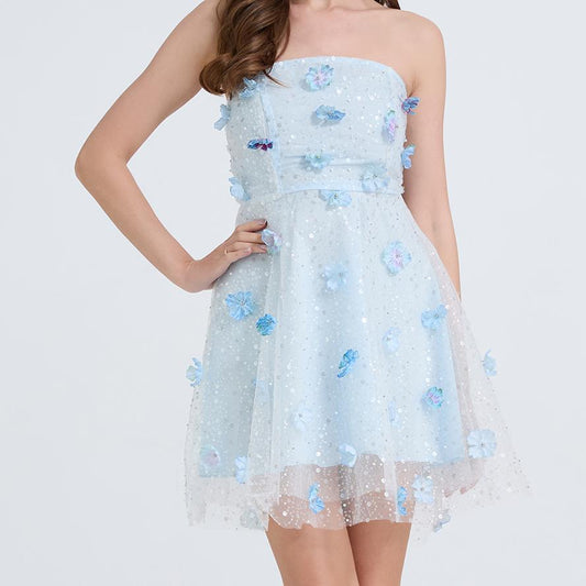 Robe taille haute à fleurs tridimensionnelles et broderies de perles pour femmes
