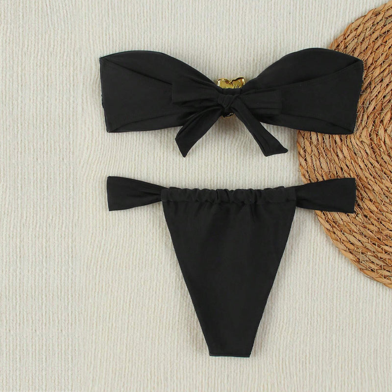 Traje de baño de bikini sexy con estampado floral tridimensional de color sólido con cordones