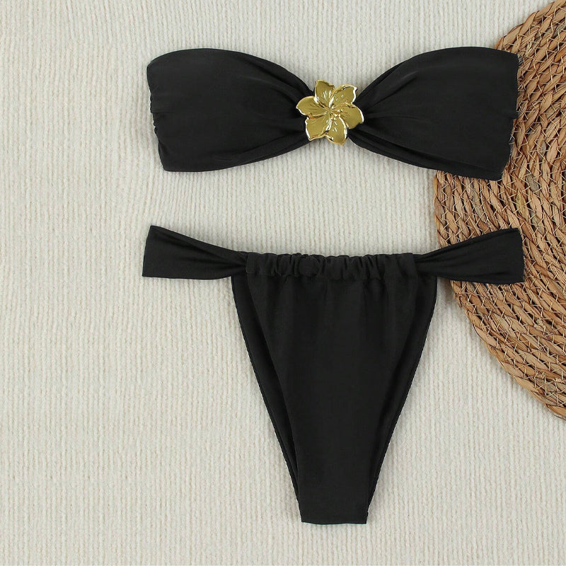 Traje de baño de bikini sexy con estampado floral tridimensional de color sólido con cordones