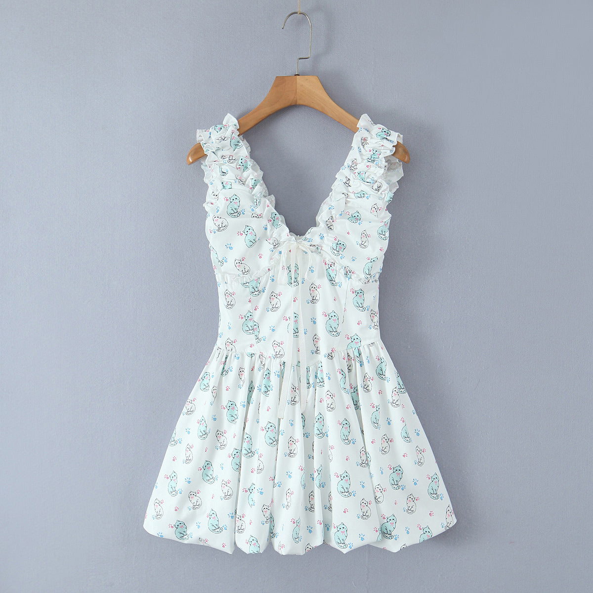 Spring Summer Women Clothing Sexy Fresh Printed V neck Tulle Dress