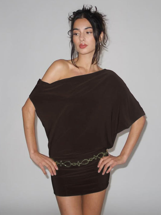 Vestido tubo sexy de color liso para mujer, top tubo asimétrico irregular con mangas a los hombros, vestido tubo corto ajustado para mujer