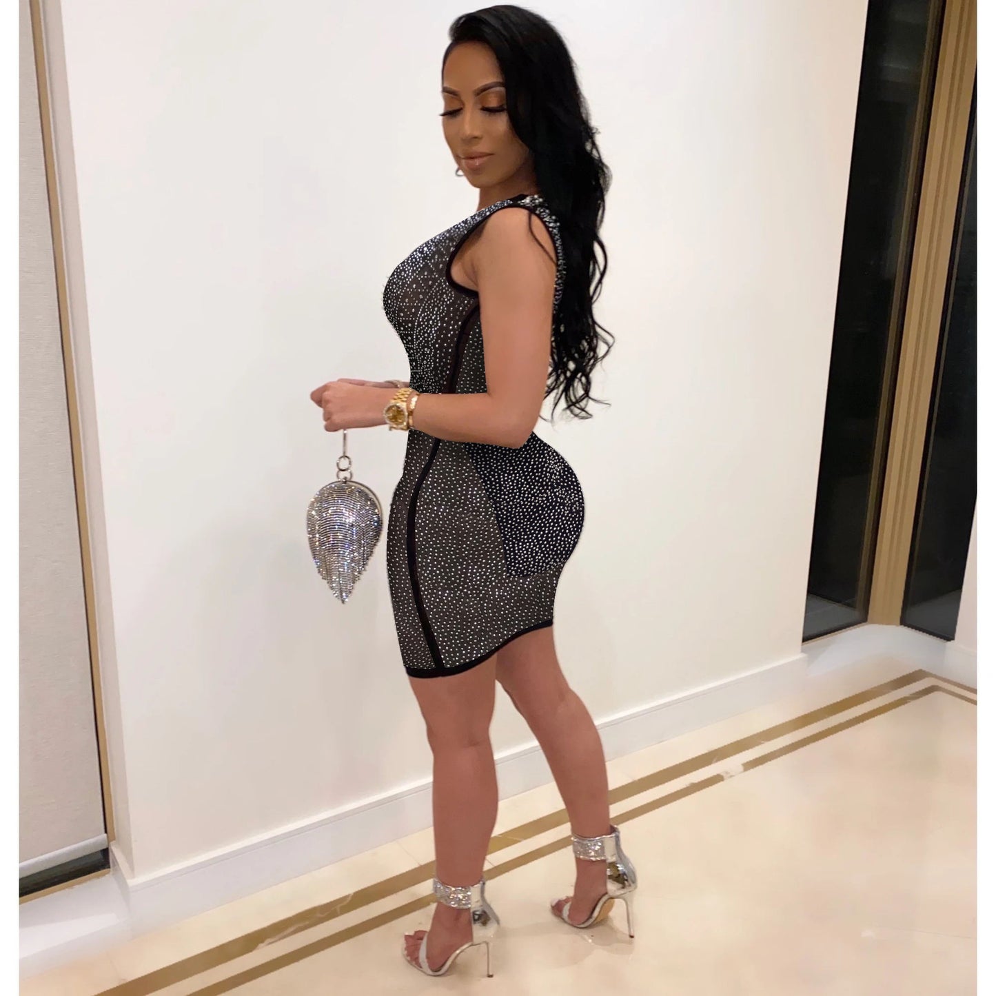 Sexy Slim-Fit Rhinestone See-through Dress Nightclub Uniforms