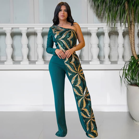 Women Wear Elegant Bodycon One Shoulder Bead Bag Arm Jumpsuit