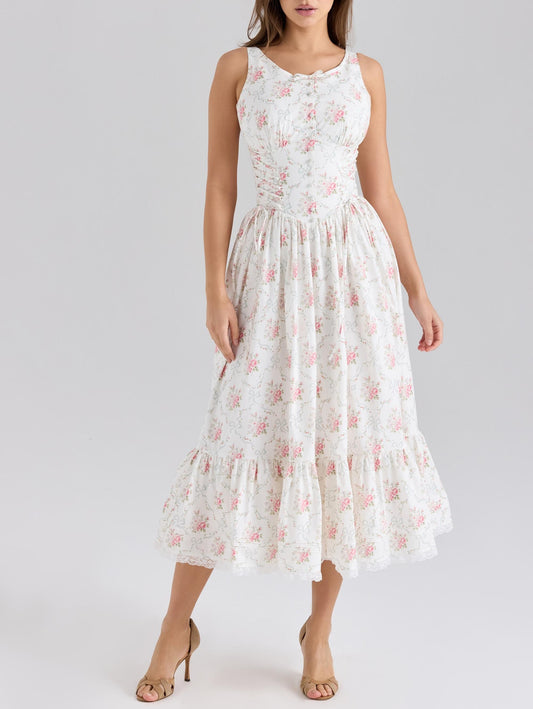 Summer Cream Rose Printed Lace up Mid Length Sling Dress