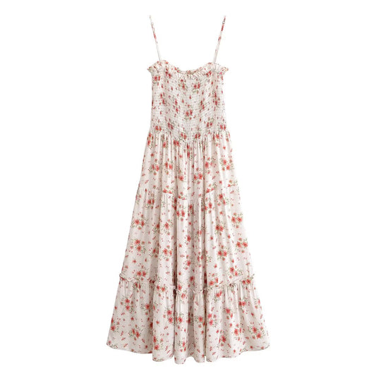 Rayon Printed Elastic Chest Wrapped Beach Casual Sling Dress Summer Waist Controlled Midi Dress