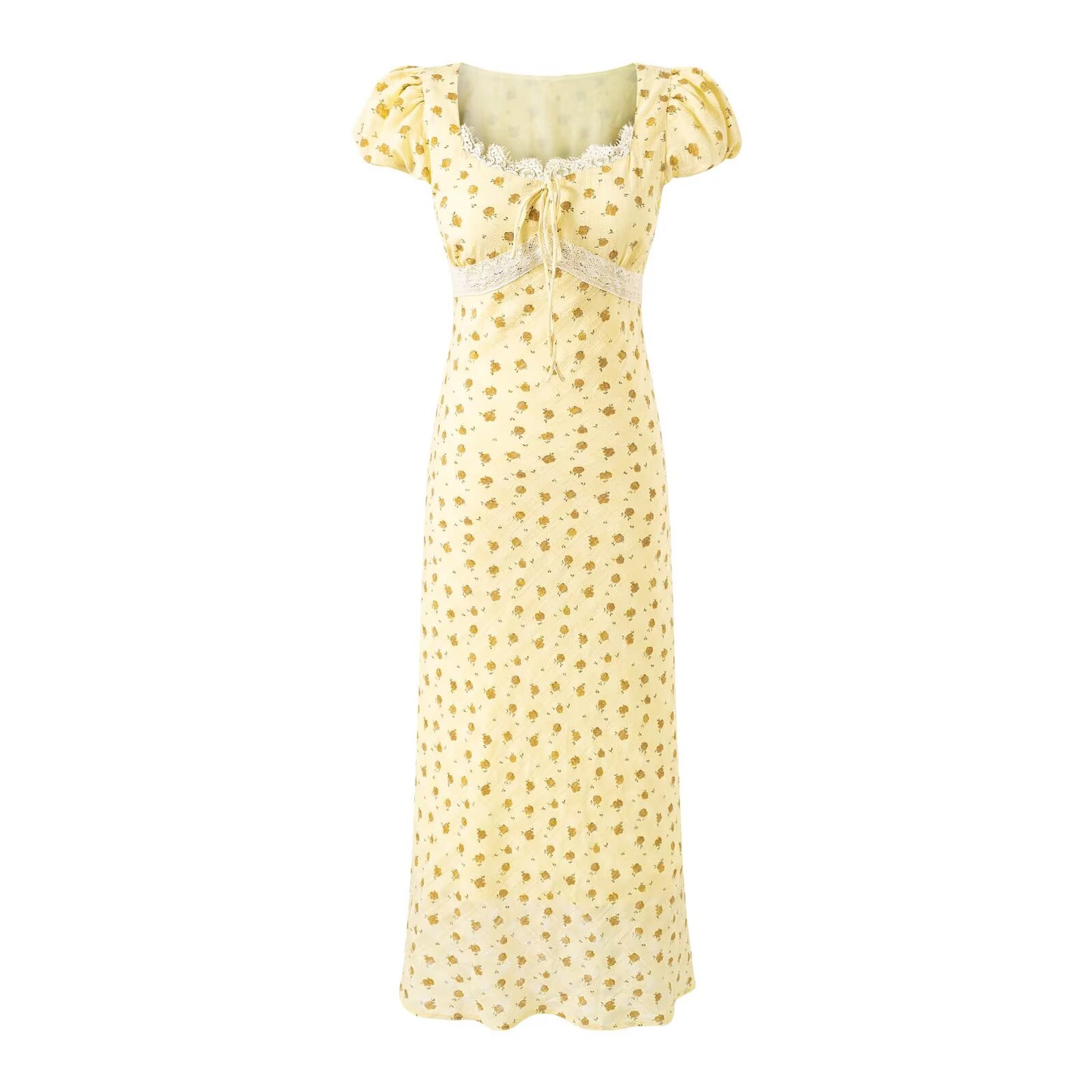 Gentle Square Collar Lace Stitching Bow Lace up Short Sleeve Floral Dress Waist Slim Fit Vacation Dress