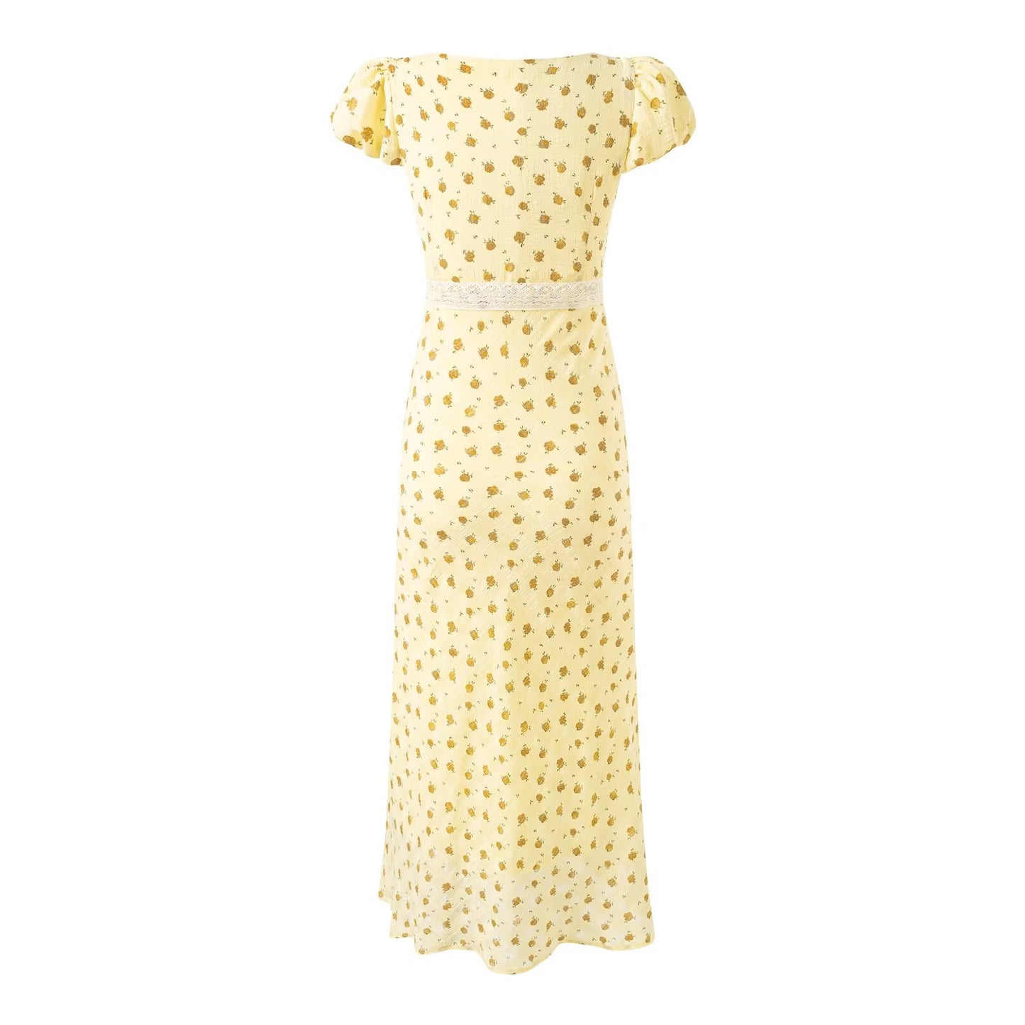 Gentle Square Collar Lace Stitching Bow Lace up Short Sleeve Floral Dress Waist Slim Fit Vacation Dress