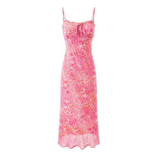 Sweet Elegant Floral Bow Suspenders Dress Women Spring Summer Slim Fit Slim Fit Mid Length Dress
