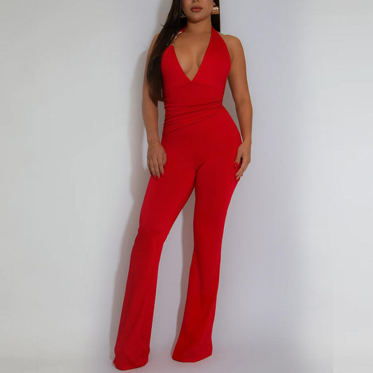 Women Wear Strap Sexy Deep V Plunge Halter Solid Color Jumpsuit