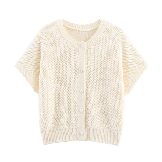 Fall Women Clothing Simple round Neck Fishnet Pin Waistcoat Knitted Vest Cardigan
