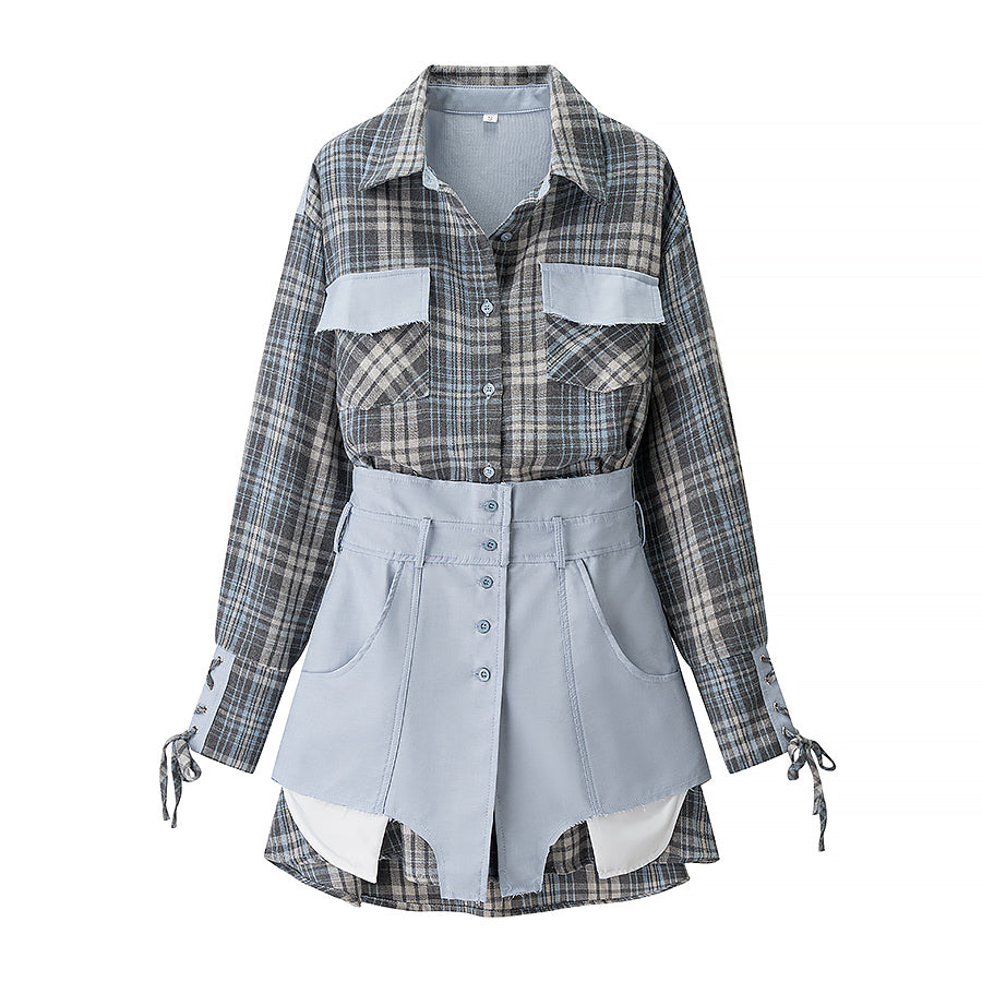Women Clothing Plaid Shirtdress Two Piece SkirtSets