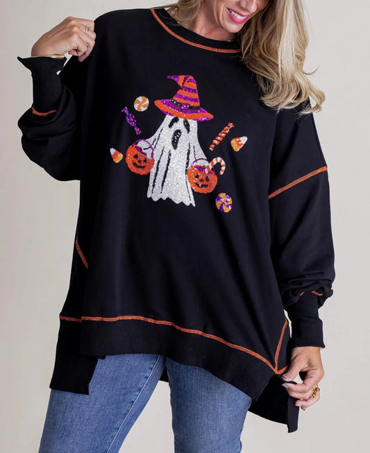 Autumn Winter Women Halloween Ghost Sequined Sweater Embroidered Casual Top for Women