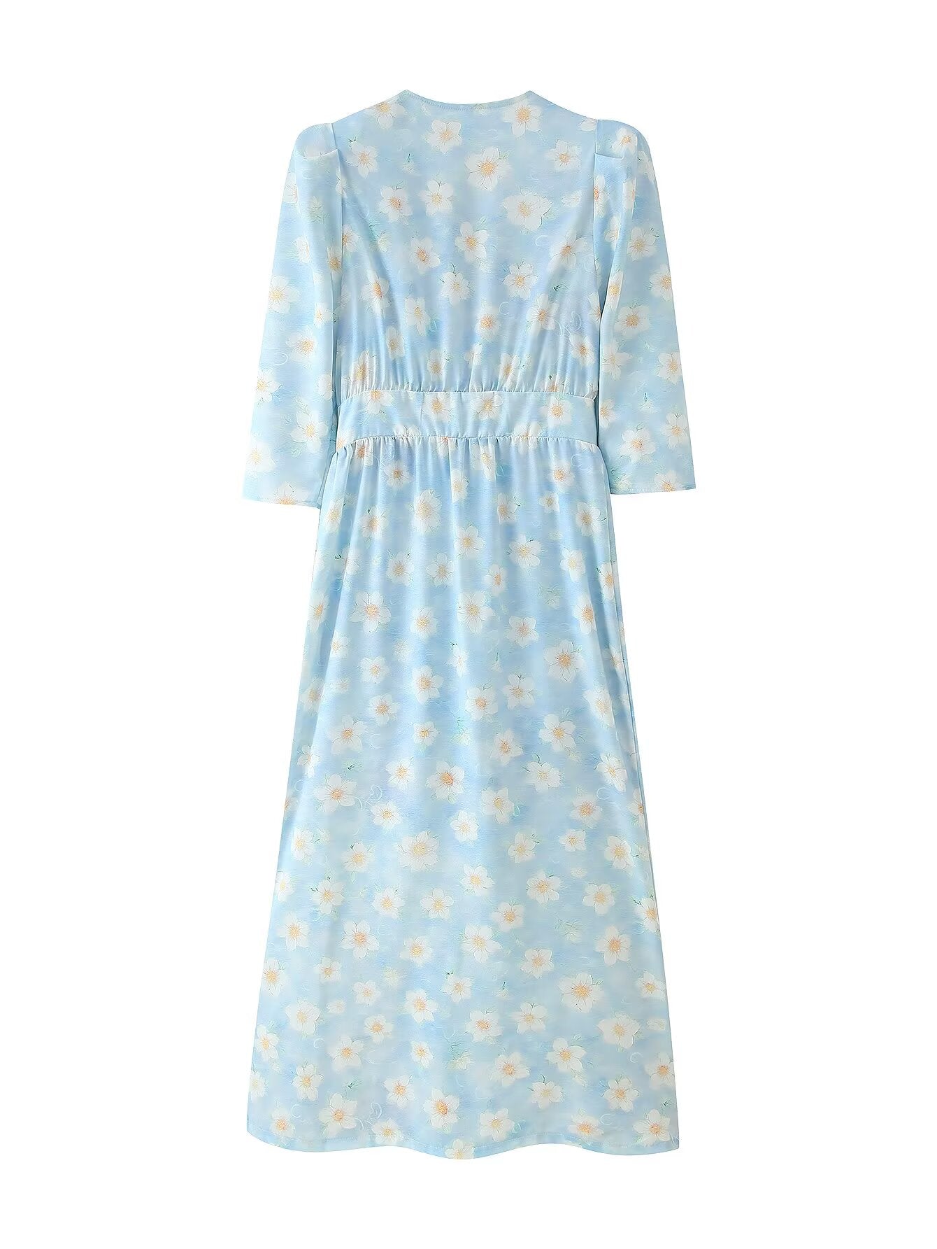 Summer Women Clothing Refined Stylish Simple V neck Printed Puff Sleeve Pearl Buckle Dress CHEN