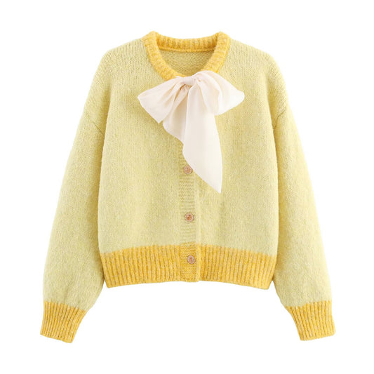 Women Clothing Fall round Neck Long Sleeve Bowknot Decorative Knitwear Coat