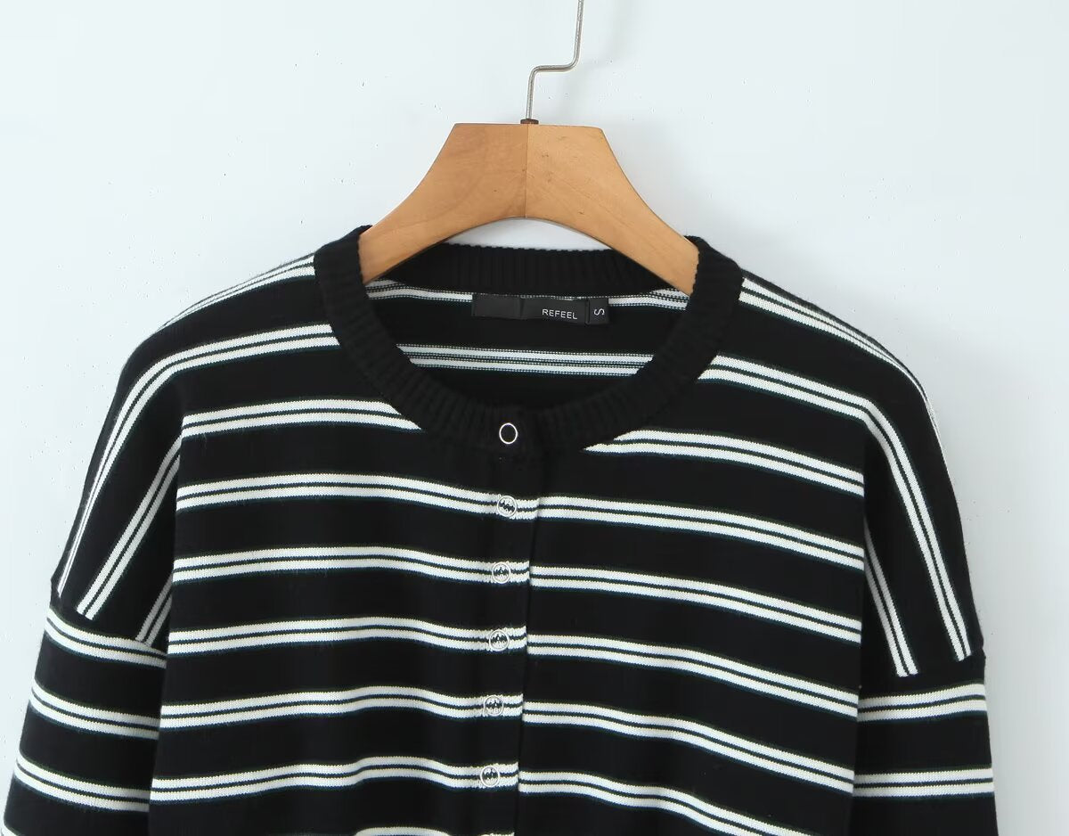 Fall Striped Sweater Top Sexy Slim Slimming Single Breasted Cardigan Coat for Women