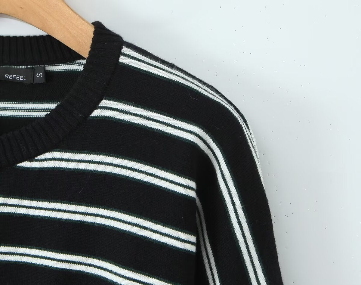 Fall Striped Sweater Top Sexy Slim Slimming Single Breasted Cardigan Coat for Women