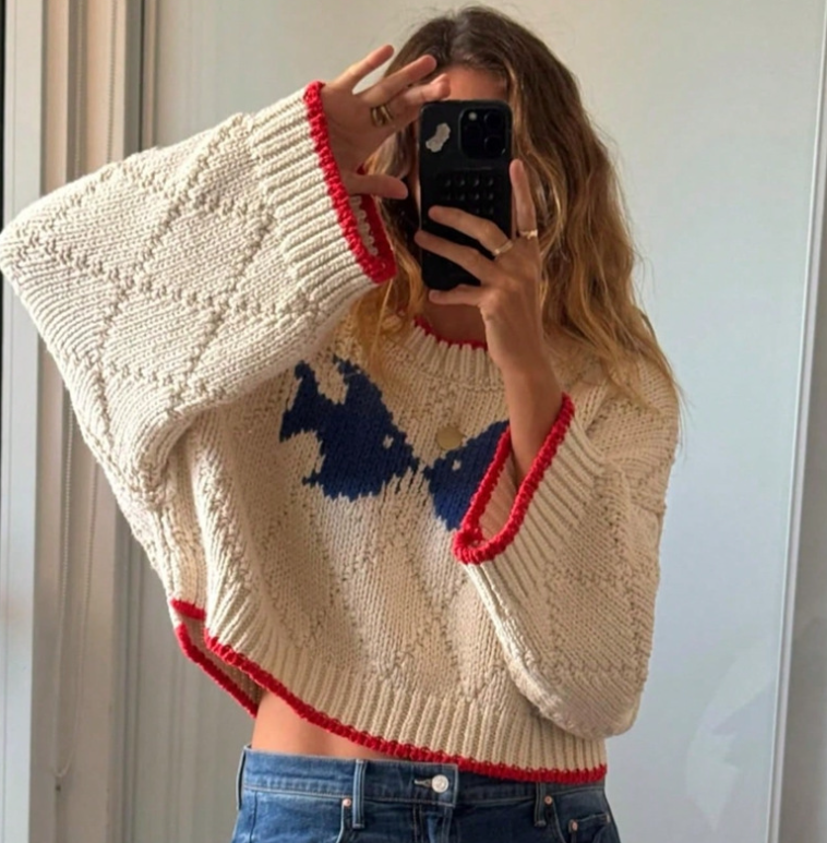 Autumn Winter Retro Contrast Color Jacquard Design Knitted Loose Casual Sweater